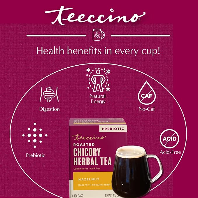 Teeccino Hazelnut Roasted Herbal Tea - Caffeine Free, Prebiotic, 3x More Herbs - 10 Tea Bags