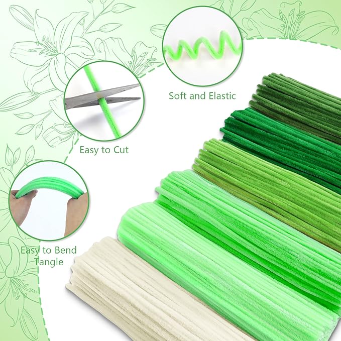 Green Pipe Cleaners, Pipe Cleaners Craft,400 Pieces Pipe Cleaner Flowers for Crafting 6 Colors Cleaner with 20 Pieces Green Craft Thread, Ribbon, Tape,DIY Art and Craft Projects Creative Gift