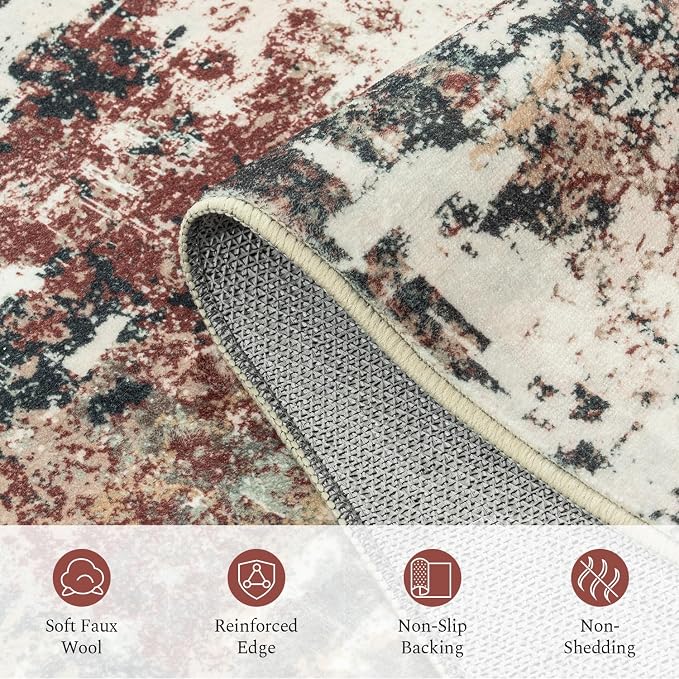 Rugflix 5x7 Area Rugs for Living Room, Washable Rust Brown Green Large Rug | Machine Washable; Stain-Resistant; Low Pile; Non-Slip; Modern Abstract; Carpet for Bedroom Dining Office Nursery Home