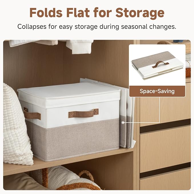 StorageWorks Fabric Storage Bins with Lids, Large Closet Storage Bins | Flip-Top Lid, 3 Handles, Collapsible, Stackable, for Clothes Blankets, Multi-Purpose, Large, Brown and White, 2-Pack