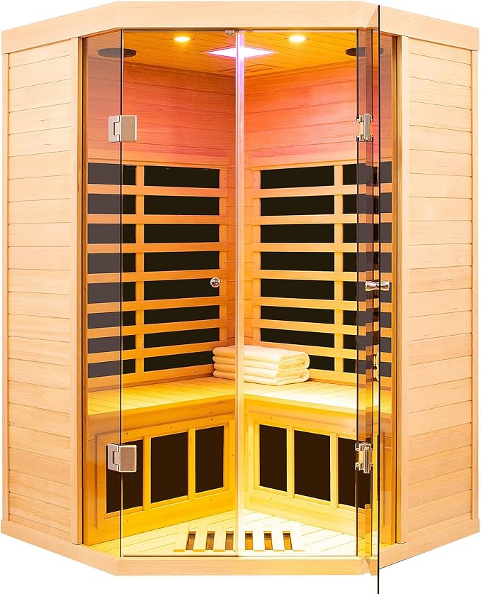 2 Person Far Infrared Sauna 0-5mG Ultra Low EMF 1520W Indoor Sauna Canadian Hemlock Wood Sauna for Home with APP Control, LCD Control Panel, Chromotherapy Lights, Constant Temperature Cover