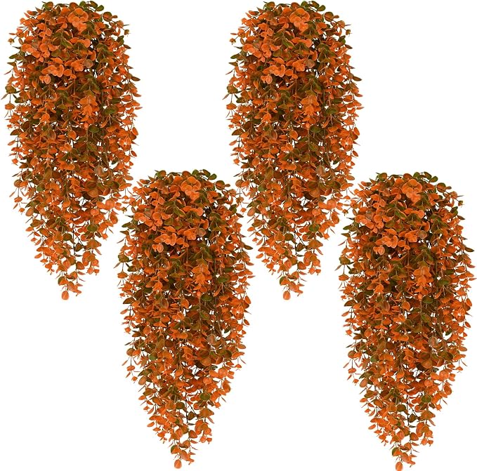 Waipfaru 4Pcs Fake Hanging Plants, Eucalyptus Leaves Fake Vines Fall Decor | UV Resistant Fake Ivy Artificial Plants Outdoor Faux Plants Indoor Bedroom Living Room Boho Wall Porch Shelf Decor