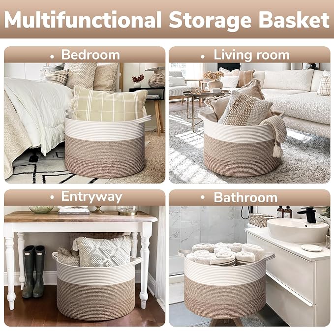 Goodpick Large Woven Basket for Blankets, Nursery & Living Room Decor, 85L | 21.7 x 21.7 x 13.8 In Baby Toy Storage Basket for Nursery, Blanket Basket for Living Room, Toy Bin, Light & Brown