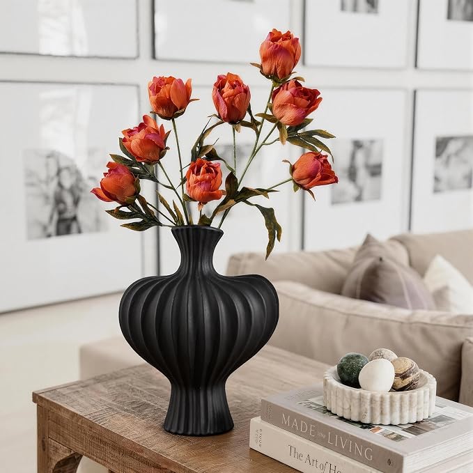 Ceramic Flower Vase Home Decor, 11 in Farmhouse Table Vases Rustic Vintage Living Room Kitchen Bedroom Decorations Pottery Decorative Vases for Flowers House Shelf Coffee Desk Dining Fireplace, Black