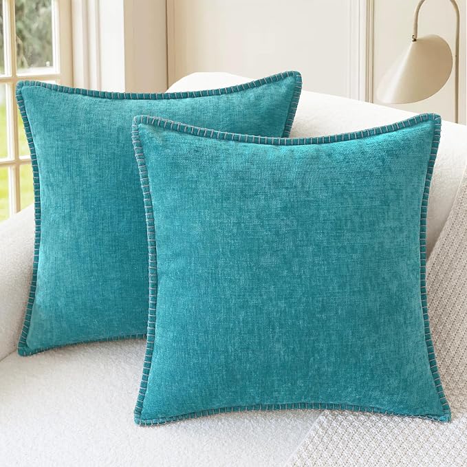CaliTime Decorative Couch Throw Pillow Covers 24 X 24 Inches Lake Blue | Pack of 2, Cozy Chenille Cushion Cases, Cotton Thread Stitching Edges, for Sofa Bed Living Room Farmhouse