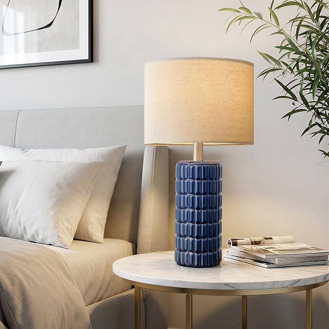 23" Modern Ceramic Table Lamps Set of 2 - Table Lamps for Living room, Farmhouse Bedside Night Stands Lamp for Bedroom, White Boho Nightstand Lamps Set of 2, Desk Lamp for End Table Home Decor(Blue)