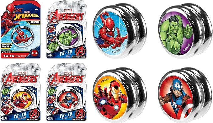 JA-RU Marvel Avengers & Spiderman Beginner Yoyo (4 Yoyos) Super Hero Yoyo for Kids, Boys & Girls. Auto Return & Responsive Yoyo. String Trick. Classic Vintage Toy Gifts & Stocking Stuffers. 6806-4