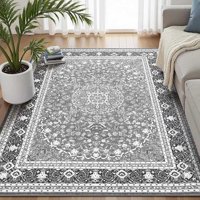 5x7 Area Rugs for Living Room, Washable Non-Slip Rug, Oriental Light Grey | Area Rugs for Bedroom, Low Pile Area Rug for Kitchen, Dining Room, Home Office, Vintage Oriental Print Rug