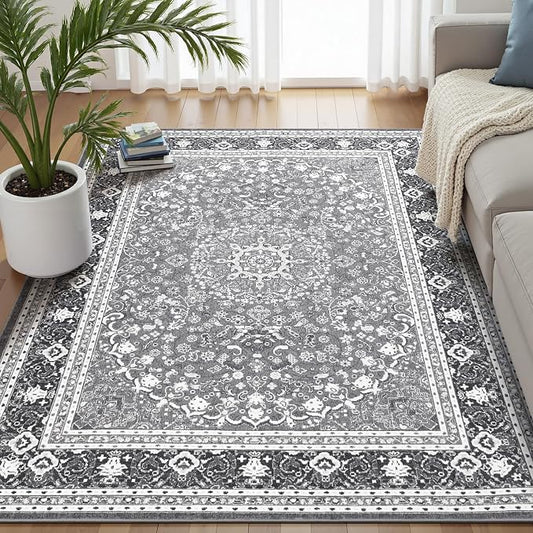 5x7 Area Rugs for Living Room, Washable Non-Slip Rug, Oriental Light Grey | Area Rugs for Bedroom, Low Pile Area Rug for Kitchen, Dining Room, Home Office, Vintage Oriental Print Rug