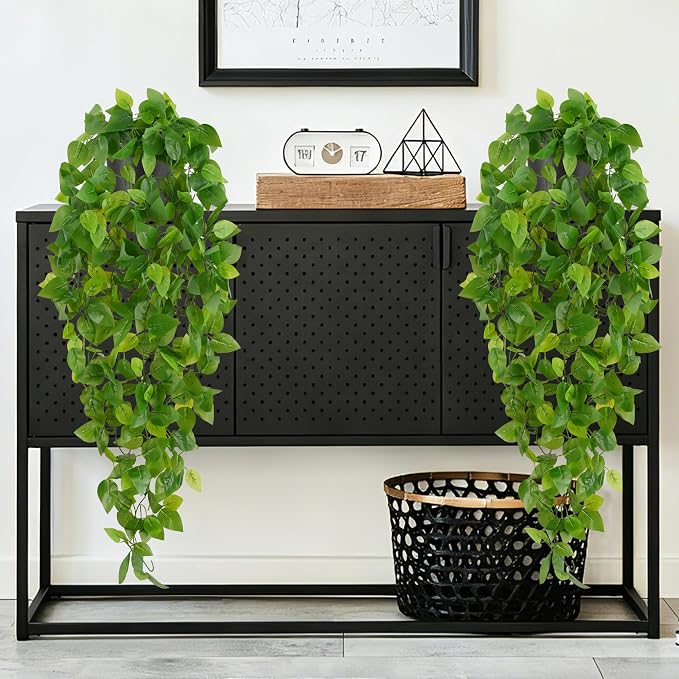 Waipfaru Fake Hanging Plants, 2Pcs Artificial Potted Plant Pothos | Faux Ivy Vines Greenery for Wall Home Bedroom Living Room Aesthetic Kitchen Office Aesthetic Kitchen Indoor Outdoor Decor