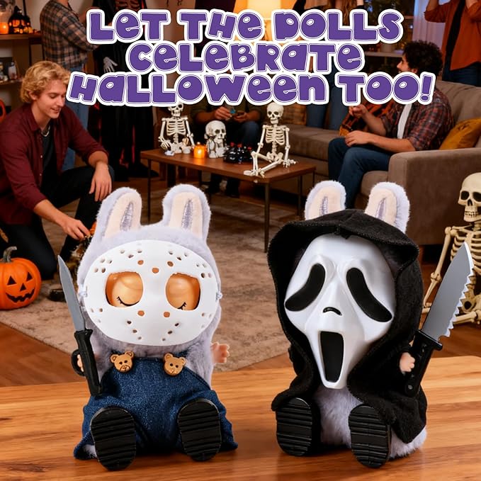 Two Sets of 17cm Halloween Doll Clothes Set ,Halloween Scary Mask, Halloween Clothes for Doll Accessories, Create Cute Fashion Halloween Costumes Set Included Mask, Outfit, Shoes, Knife