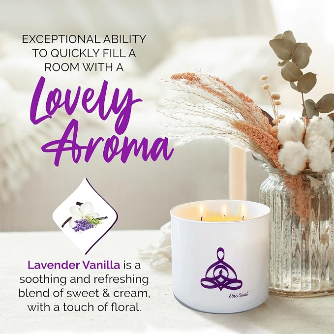 Large Lavender Vanilla Candle, Scented Candles for Home, Hand-Poured Aromatherapy Large 3 Wick Candle for 50-Hour Burn Time, 14oz - OneSoul Collection