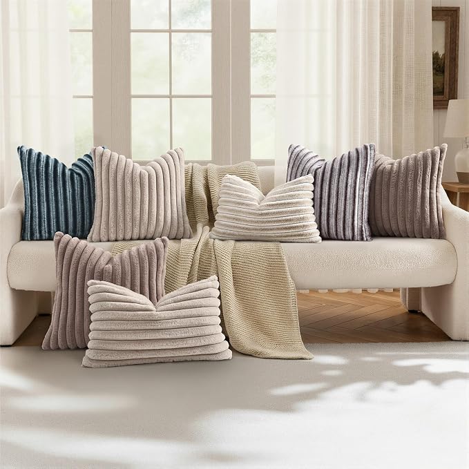 decorUhome Fall Faux Fur Throw Pillow Covers 24x24 Set of 2 Beige White | Decorative Soft Cozy Striped Plush Modern Farmhouse Boho Couch Pillow Cases Velvet Back for Sofa Bed Living Room Home Decor