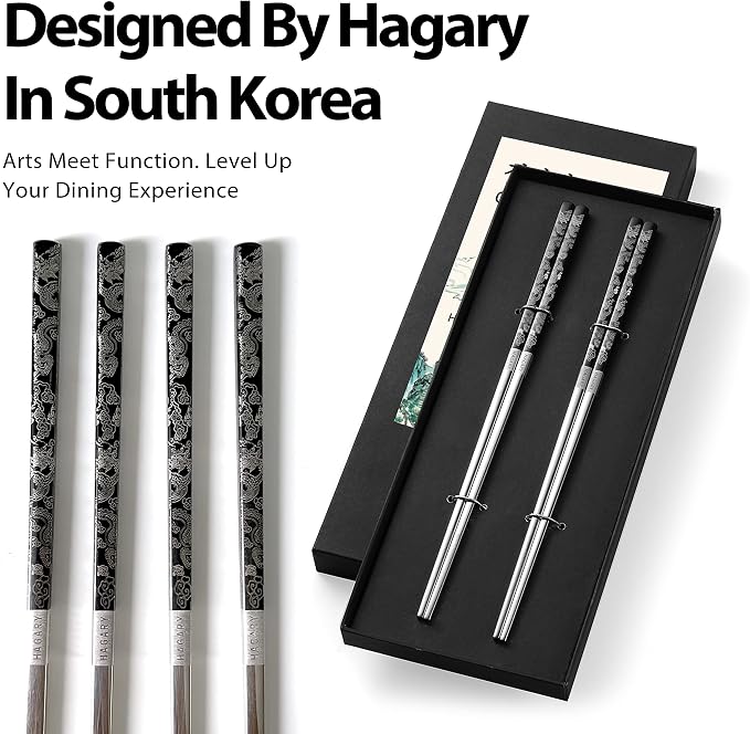 Hagary Dragon Chopsticks Metal Reusable Designed In Korea Japanese Style Stainless Steel 316 18/10 Non-Slip 2 Pairs Dishwasher Safe Laser Etched (Black)