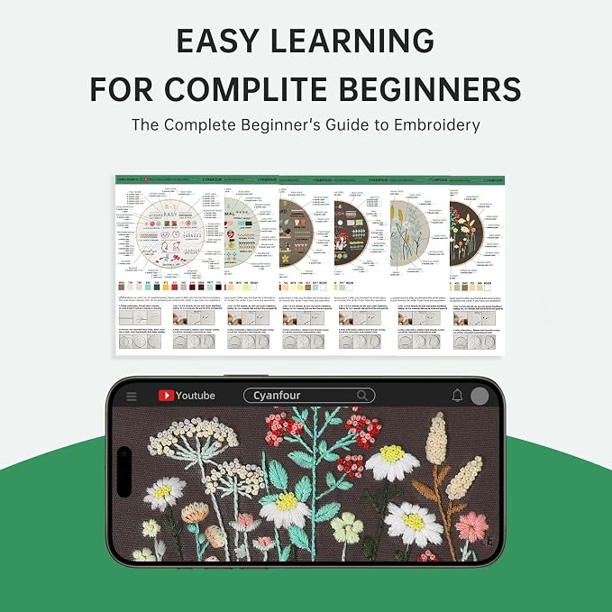 CYANFOUR 6 Stage Embroidery Kit for Beginners Adults, Easy to Learn 38 Different Stitches from Instruction & Video, Needlepoint Kits for Adults with Stamped Embroidery Patterns