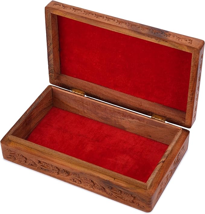 Ajuny Wooden Handcarved Decorative Jewelry Storage Box Flower Design Multipurpose Treasure Chest Keepsake Organizer Necklaces Watch Boxes Great for Gifts 10x6 Inch