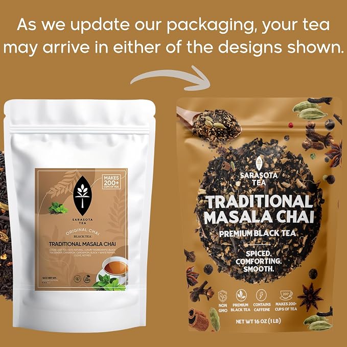 Authentic Masala Chai Loose Leaf Tea | Traditional Indian Spiced Black Tea | Bold Gourmet Blend with Cinnamon, Cardamom, Ginger & Clove | 1lb Bulk Bag | Caffeinated | Non-GMO