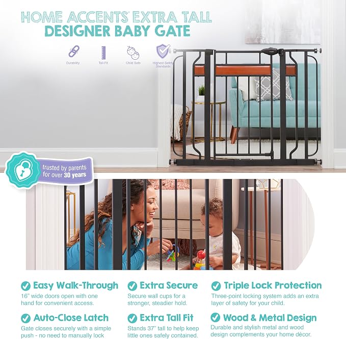 Regalo Safety 37" Extra Tall Baby Gate for Doorways & Bottom of Stairs, Wood Accent Pressure Mounted Gate with Door for Babies, Toddlers & Pets, Tested & Safe for 30 Years, American Designed and Owned