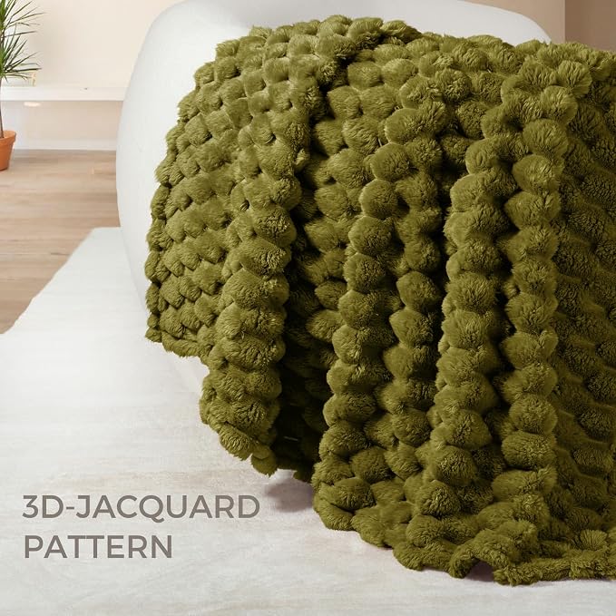 Whale Flotilla Soft Fleece Queen Size Bed Blanket 3D Jacquard, Olive Green | Lightweight Breathable Coverlet Bedspread for All Seasons, Super Cozy Plush Fluffy Fuzzy Decorative Blanket for Bed, 90"x90"