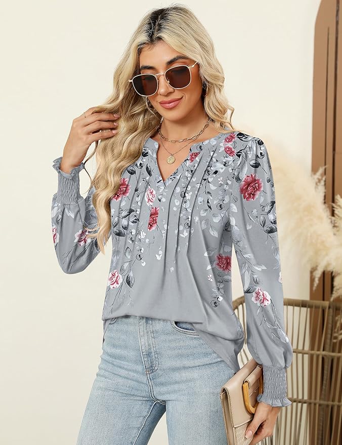 LOMON Womens Tops Dressy Casual Pleated Ruffle Long Sleeve Tunics Tops to Wear with Leggings V Neck Work Blouse