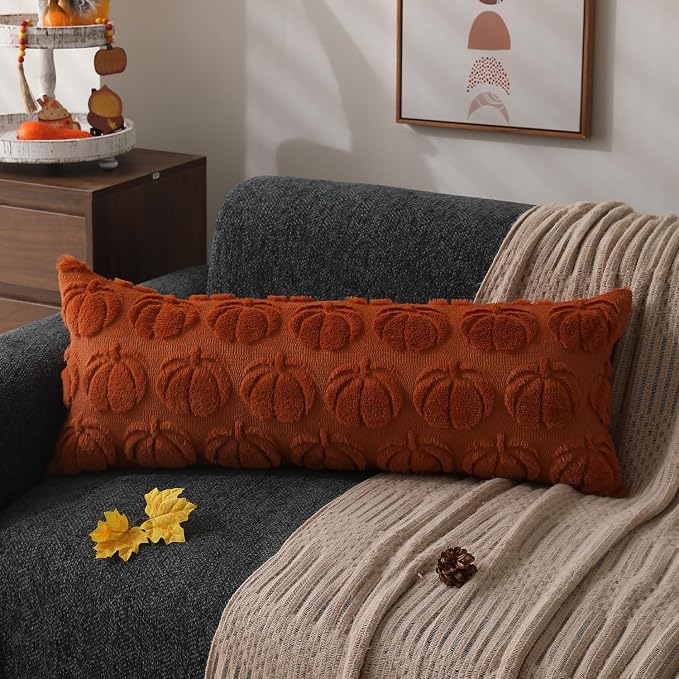 DFXSZ Fall Pillow Covers 14x36 2Pcs Rust Pumpkin Fall Decorations for Home | Fall decor Set of 2 Throw Pillow Cases Soft Plush Faux Fur Wool Couch Cushion for Chair Sofa Bedroom Living Room Home Decor