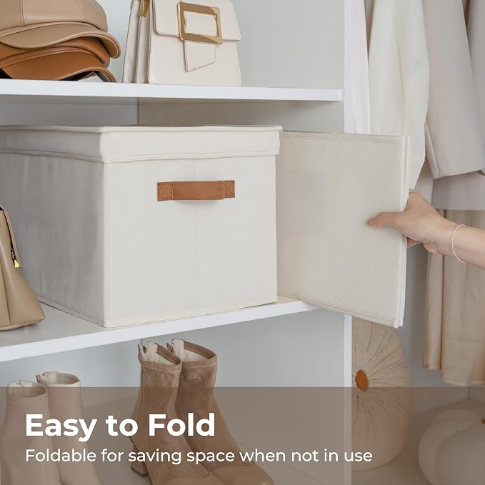 StorageWorks Storage Bins with Lids, Decorative Storage Boxes with Lid and PU Handles, Foldable Storage Baskets for Closet, Shelves, Stackable, Ivory, Jumbo, 3-Pack | Lidded Dust-proof, Easy Pull Handles, Foldable, Stackable, Ideal for Clothes Blanket ...