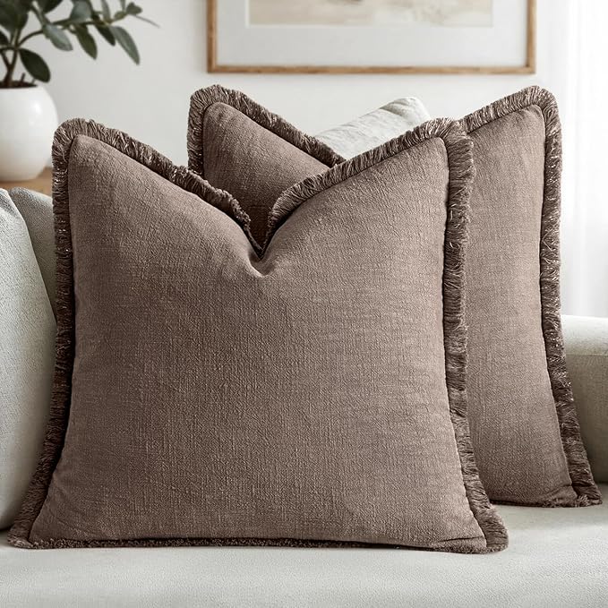 MIULEE Linen Fringe Decorative Fall Throw Pillow Covers Malt Ball 18x18 | Set of 2, Cottagecore Decor, Boho Farmhouse Neutral Pillow Covers, Rustic Fall Couch Cushion Cases for Sofa Bed Living Room