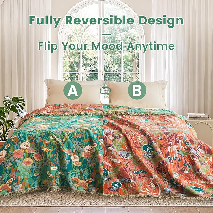 MSGKV Boho Throw Blanket 50"x60" 100% Cotton Floral Blanket for Couch Bed | Super Soft Muslin, Everyday Comfort, Lightweight, Farmhouse Decor, Breathable, All Seasons, Machine Washable, Cozy Comfort