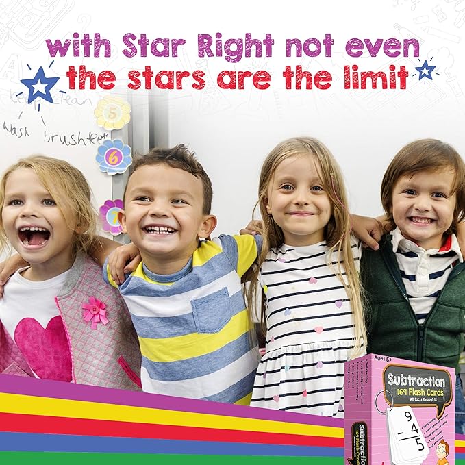 Star Right Subtraction Flashcards with 2 Metal Binder Rings - 169 Self Checking Flashcards - for Ages 6 and Up