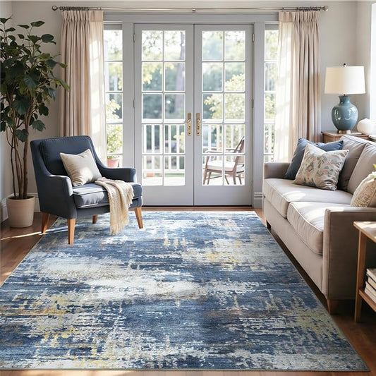 4x6 Ft Area Rugs for Living Room, Soft Non-Slip Washable Rugs Modern Abstract Pattern Carpet for Bedroom Indoor Floor Nursery Home Decor (Blue/Gold)