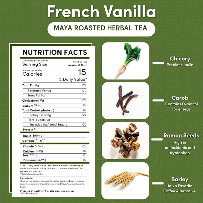 Teeccino French Vanilla Herbal Tea - Rich & Roasted Herbal Tea That’s Caffeine Free & Prebiotic for Natural Energy, Coffee Alternative, 25 Count