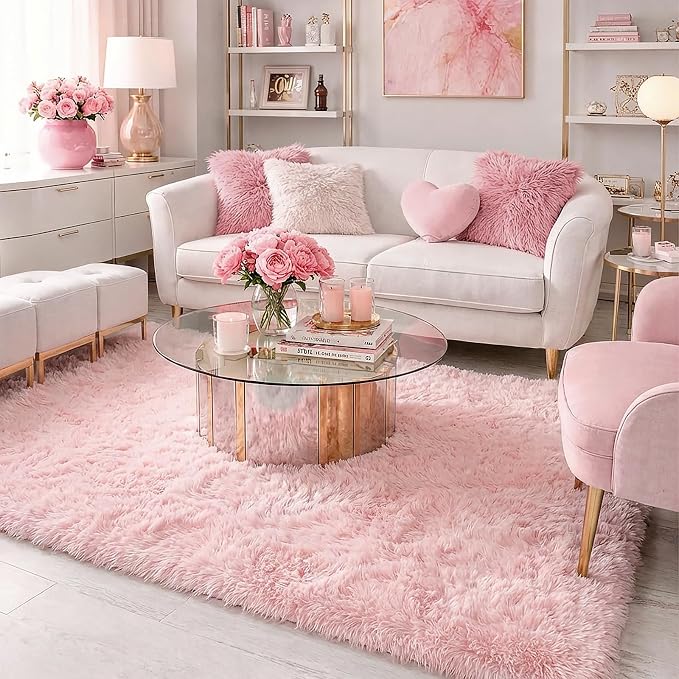 Amdrebio Pink Fluffy Shaggy Kids Area Rug 3x5 for Girls Bedroom Classroom | Shag Plush Furry Fuzzy Carpet, Nursery Preppy Dorm Playroom Decor, Cute Princess Aesthetic, Baby Toddler Corner, Rectangle