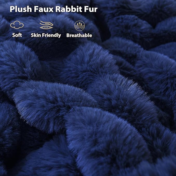 LIFEREVO Luxury Fluffy Faux Rabbit Fur Throw Blanket 60x80, Navy Blue | Plush Fuzzy Bubble Lap Throw for Couch Sofa Office, Soft Cozy Royal Furry Bed Blanket Home Decor, Washable & Skin-friendly