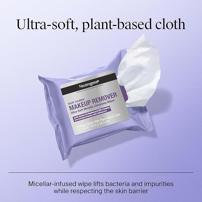Neutrogena Night Calming Makeup Remover Face Wipes, Nighttime Cleansing Towelettes Remove Sweat, Dirt & Makeup & Calms Skin, Hypoallergenic, 100% Plant Based Cloth, Twin Pack, 2 x 25 ct