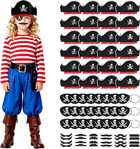 Halatool 72 Pcs Halloween Pirate Party Set for Kids, 24 Pirates Hats with 24 Eye Patches and 24 Mustaches, Pirate Costume Accessories Bulk for Halloween, Masquerade, Cosplay, Party Favors Decor