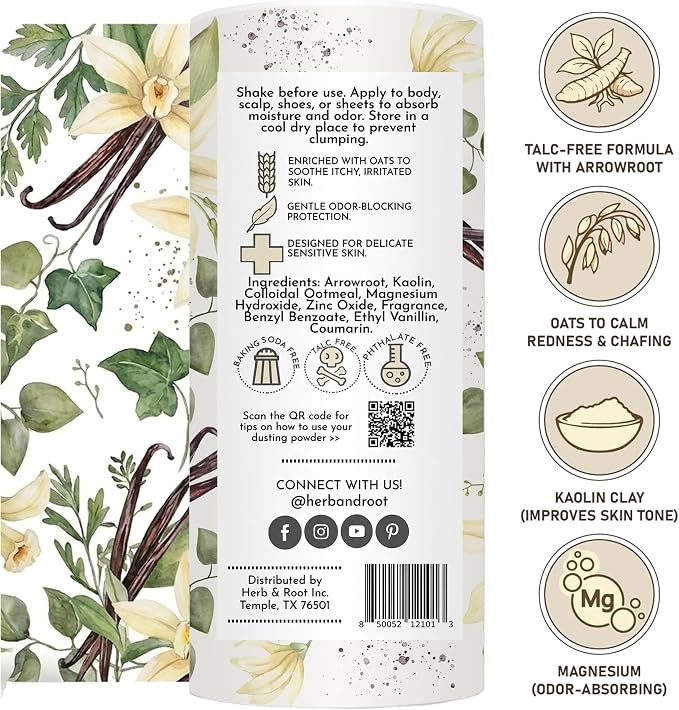 Herb & Root Talc Free Body Dusting Powders. Rose, Vanila, Sandalwood, Lavender, Jasmine, and Gift Sets (Full Size, Vanilla)