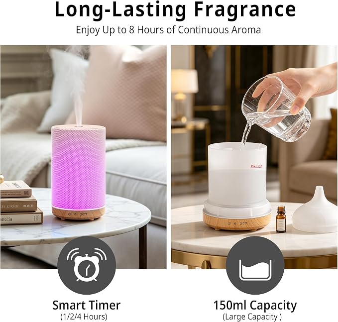 Essential Oil Diffuser 150ml, Fabric Texture Ultrasonic Aromatherapy Diffuser with 1/2/4H Timer, 7 Color Lights, Auto Shut-Off, Ultra-Quiet for Bedroom Home Office (White)