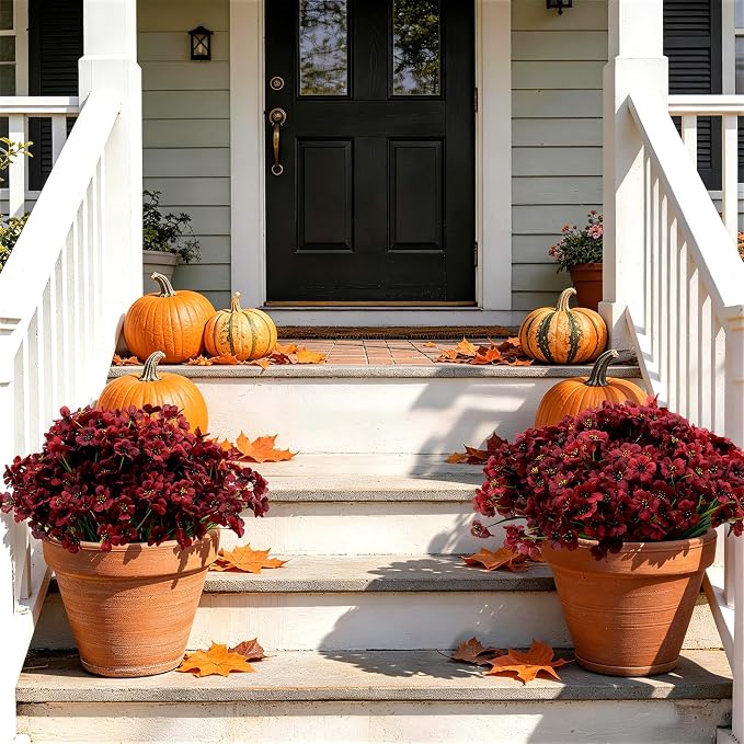ColoPlay 24 Bundles Burgundy Artificial Flowers for Outdoors Fake Plant Mum | Artificial Flowers for Outdoors/Indoors Fake Mums Flowers Plants for Outside Garden Porch Window Box Home Wedding Farmhouse