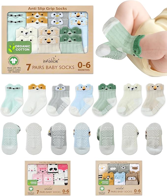 Organic Cotton GOTS Certified Non-Slip Baby Socks 0-6 Months - 7 Pairs Soft Breathable Newborn Socks Animal Design For Infant
