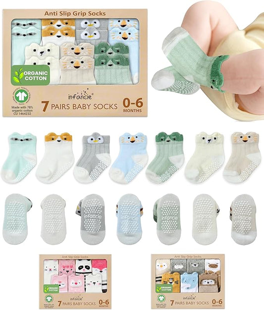 Organic Cotton GOTS Certified Non-Slip Baby Socks 0-6 Months - 7 Pairs Soft Breathable Newborn Socks Animal Design For Infant