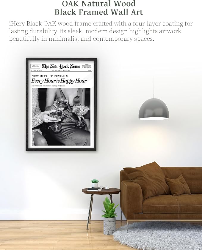 iHery 18x24in Every Hour Is Happy Hour Black Framed Newspaper Wall Art | Premium Black Natural OAK Wood Frame with Canvas Print, Retro Editorial Decor for Bedroom, Girl Dorm, Living Room 1Pack