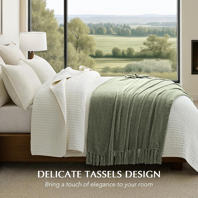 Chenille Knit Throw Blanket for Couch, 50"x60", Sage Green | Cozy Plush Fuzzy Knittd Throw with Tassels, Lightweight, Decorative, Farmhouse Decor, Ideal for Bed Sofa Gift, All Seasons
