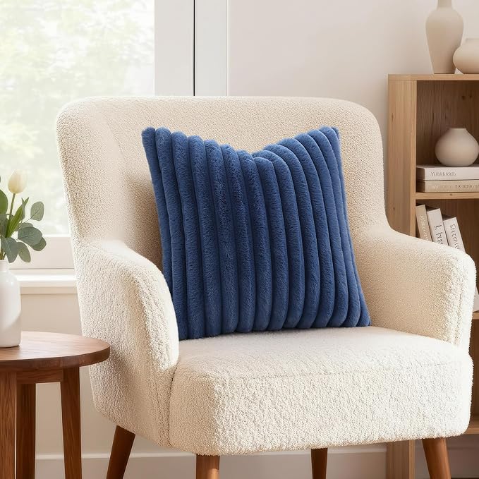 decorUhome Fall Faux Fur Throw Pillow Covers 12x12 Set of 2 Navy Blue | Decorative Soft Cozy Striped Plush Modern Farmhouse Boho Couch Pillow Cases Velvet Back for Sofa Bed Living Room Home Decor