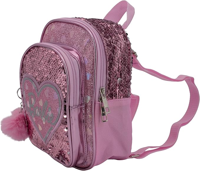 AI ACCESSORY INNOVATIONS Barbie 9” Micro Mini Backpack Purse Featuring a 3D Heat Logo Patch, Sequins & Glitter PU, & Pompom Dangle, Pink