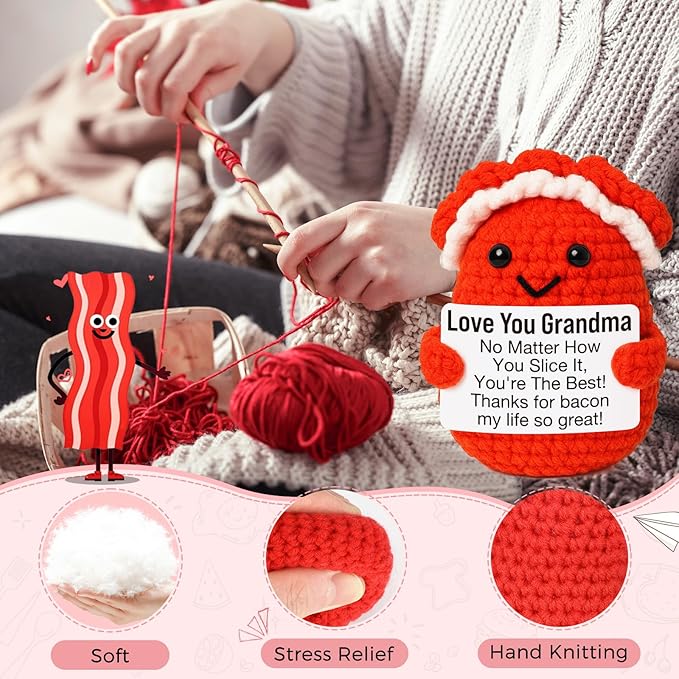 Mini Birthday Grandma Gifts from Granddaughter Grandson Christmas Thanksgiving Day Gift for Grandma Cute Handmade Crochet Bacon Gifts for New Nana Gigi Grammy Grandmother Christmas Stocking Ideas
