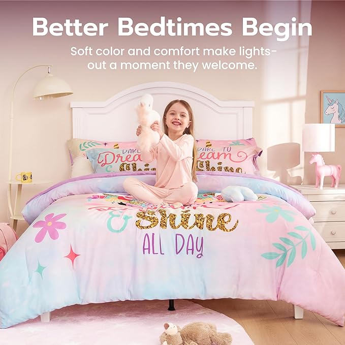 Joiedomi Kid Full Comforter Set 7 Piece Unicorn Bedding Set for Boys Girls Super Soft Microfiber Bed in a Bag with Comforter Sheets Pillowcase & Sham