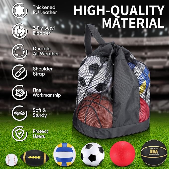 Libima 6 Pcs Multi Sport Ball Set Gift Official Size Football, Basketball, Soccer, Volleyball, Playground Ball, Baseball with Outdoor Sports Equipment Bag Pump for Christmas Holiday