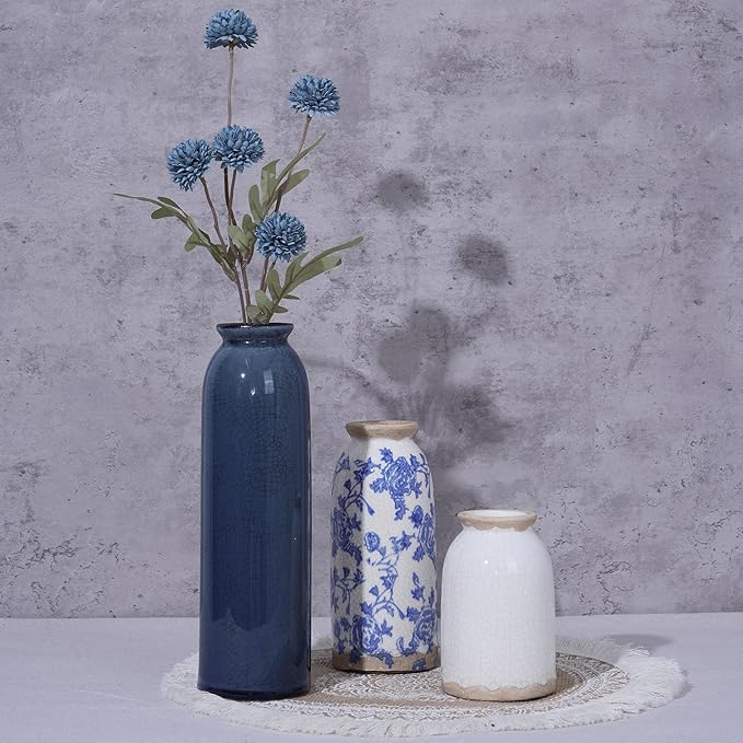 Vintage Ceramic Vase Set of 3, Blue and White Small Flower Vase Chinoiserie Rustic Modern Farmhouse Centerpiece Decorative Vases for Table Entryway Bookshelf Living Room Kitchen Home Decor