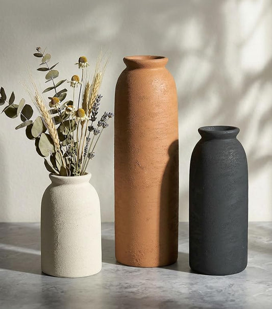 Ceramic Vase Set of 3, Small Flower Rustic Vases Home Table Decor, Modern Farmhouse Neutral Boho Pampas Pottery Vases Decorative for Centerpiece Mantel Entryway Shelf Living Room Kitchen