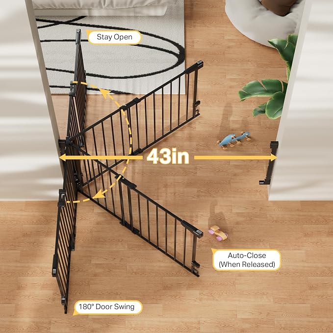 Cumbor 34" Extra Tall No Bottom Bar Baby Gate for Stairs, Hardware Mounted Dog Gate Indoor for Larger Pets, Expandable 29.2-43" Safety Gate for Doorways, Wide Walk Thru Door for Easy Access (Black)